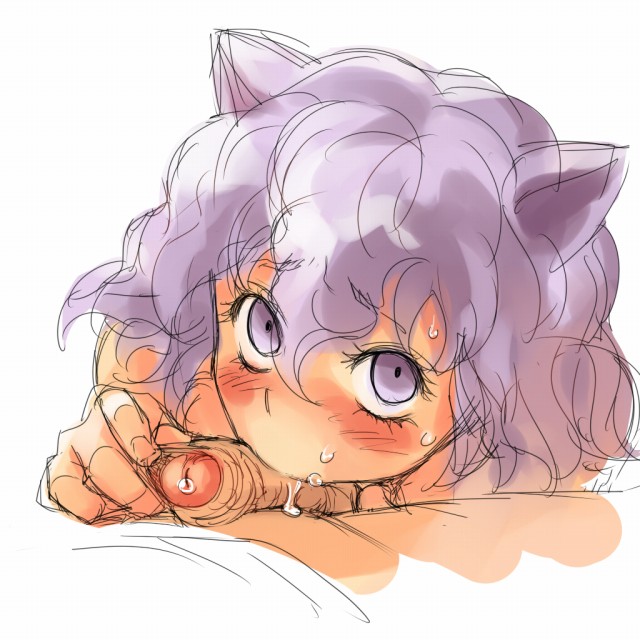 mosha, neferpitou, hunter x hunter, 1boy, 1girl, androgynous, animal ears, blush, cat ears, fellatio, foreskin, hair between eyes, hetero, looking at viewer, matching hair/eyes, oral, penis, precum, purple eyes, purple hair, simple background, sketch, solo focus, uncensored, white background