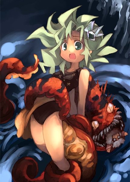 kouno hikaru, octomammoth, rydia (ff4), rydia (young) (ff4), tellah, final fantasy, final fantasy iv, 1990s (style), 1boy, 1girl, aged down, green hair, loli, octopus, one-piece swimsuit, retro artstyle, swimsuit, tentacles, vore