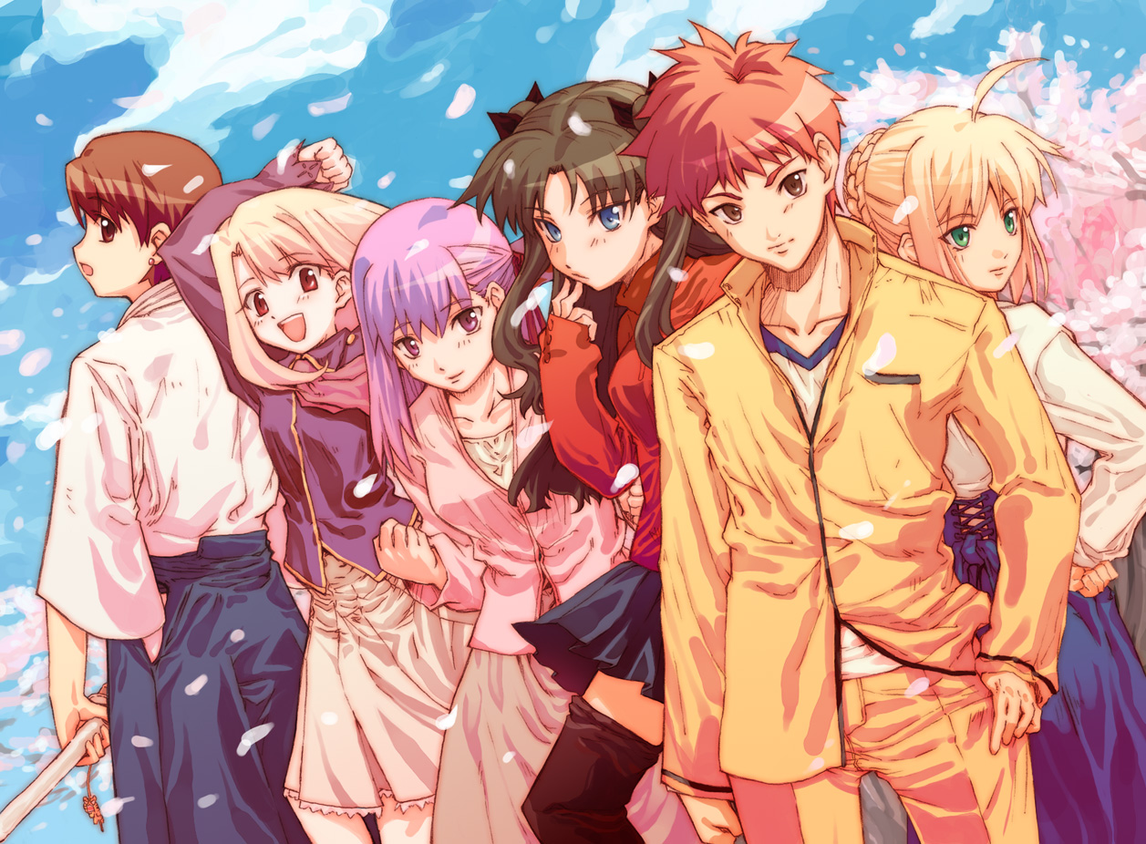 fuzuki yoshihiro, artoria pendragon (fate), emiya shirou, fujimura taiga, illyasviel von einzbern, matou sakura, saber (fate), tohsaka rin, fate/stay night, fate (series), 00s, 1boy, 5girls, brother and sister, girl sandwich, multiple girls, sandwiched, shinai, siblings, sisters, sword, thighhighs, weapon