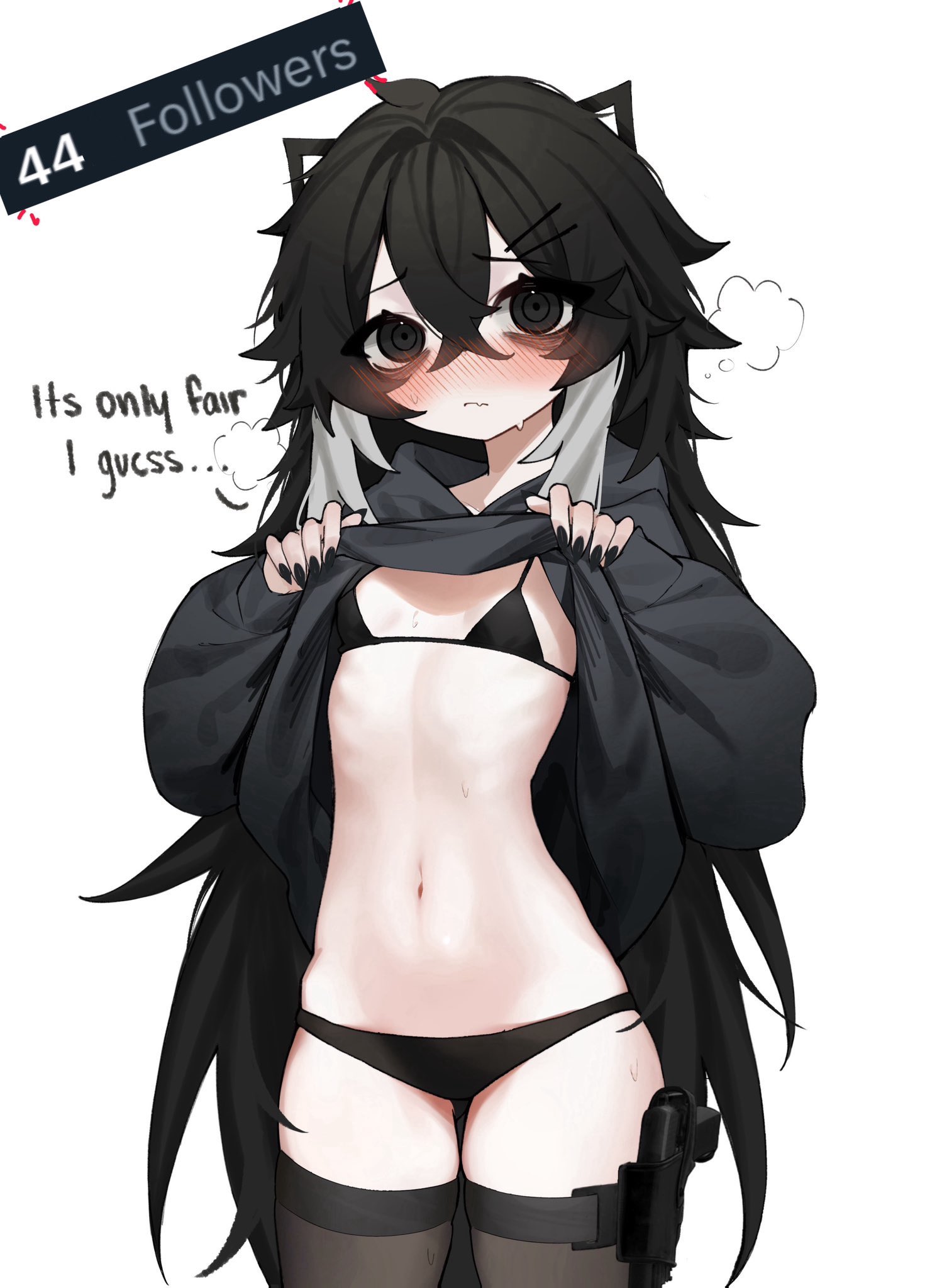 kittirea, original, highres, 1girl, animal ears, bikini, black bikini, black eyes, black hair, black hoodie, black panties, black thighhighs, blush, cat ears, english text, hair between eyes, hair ornament, hairpin, holster, hood, hoodie, lifting own clothes, long hair, looking at viewer, milestone celebration, multicolored hair, panties, presenting stomach, simple background, solo, speech bubble, sweat, swimsuit, thighhighs, underwear, undressing, weapon, white background, white hair