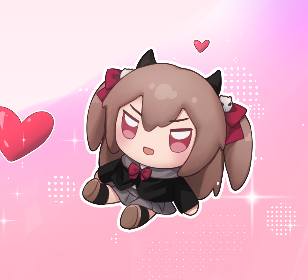 tanoki233, evil neuro-sama, neuro-sama, chinese commentary, commentary request, doll, fumo (doll), heart, no humans, object focus, outline, pink background, sparkle, stuffed toy, vedal ai, virtual youtuber, white outline