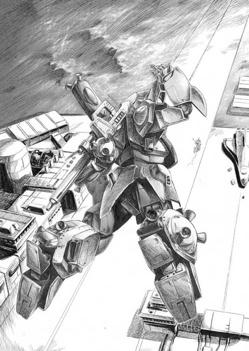 saeki shouji, aoki ryuusei spt layzner, armor, greyscale, gun, helmet, machinery, mecha, monochrome, no humans, robot, runway, spacecraft, weapon