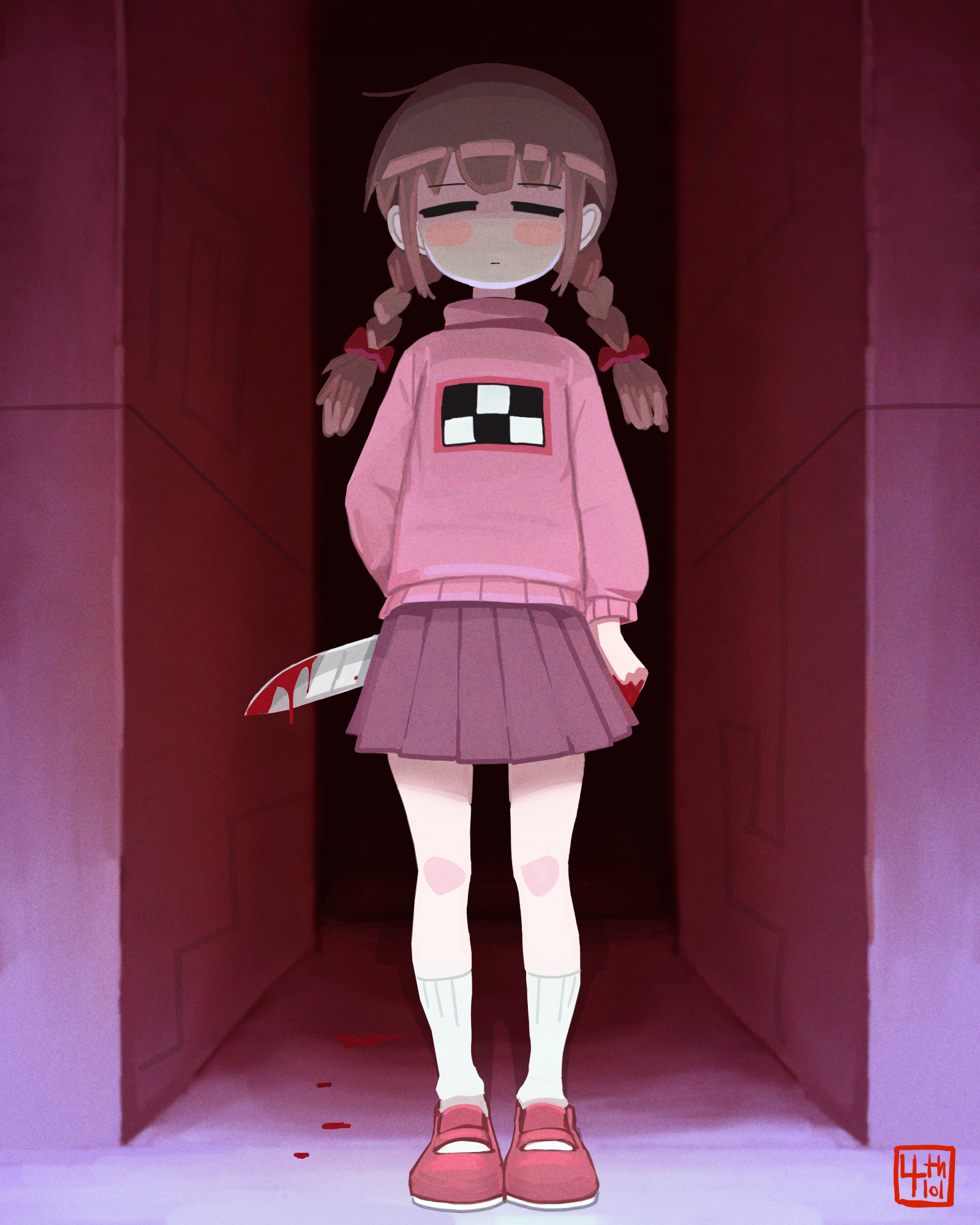 4th lol, madotsuki, yume nikki, braided twintails, highres, 1girl, blood, blood trail, bloody knife, blush, braid, brown hair, closed eyes, full body, holding, holding behind back, holding knife, holding knife behind back, holding weapon behind back, knife, long hair, long sleeves, miniskirt, pink sweater, red shoes, shoes, skirt, socks, solo, standing, sweater, turtleneck, twin braids, twintails, white socks