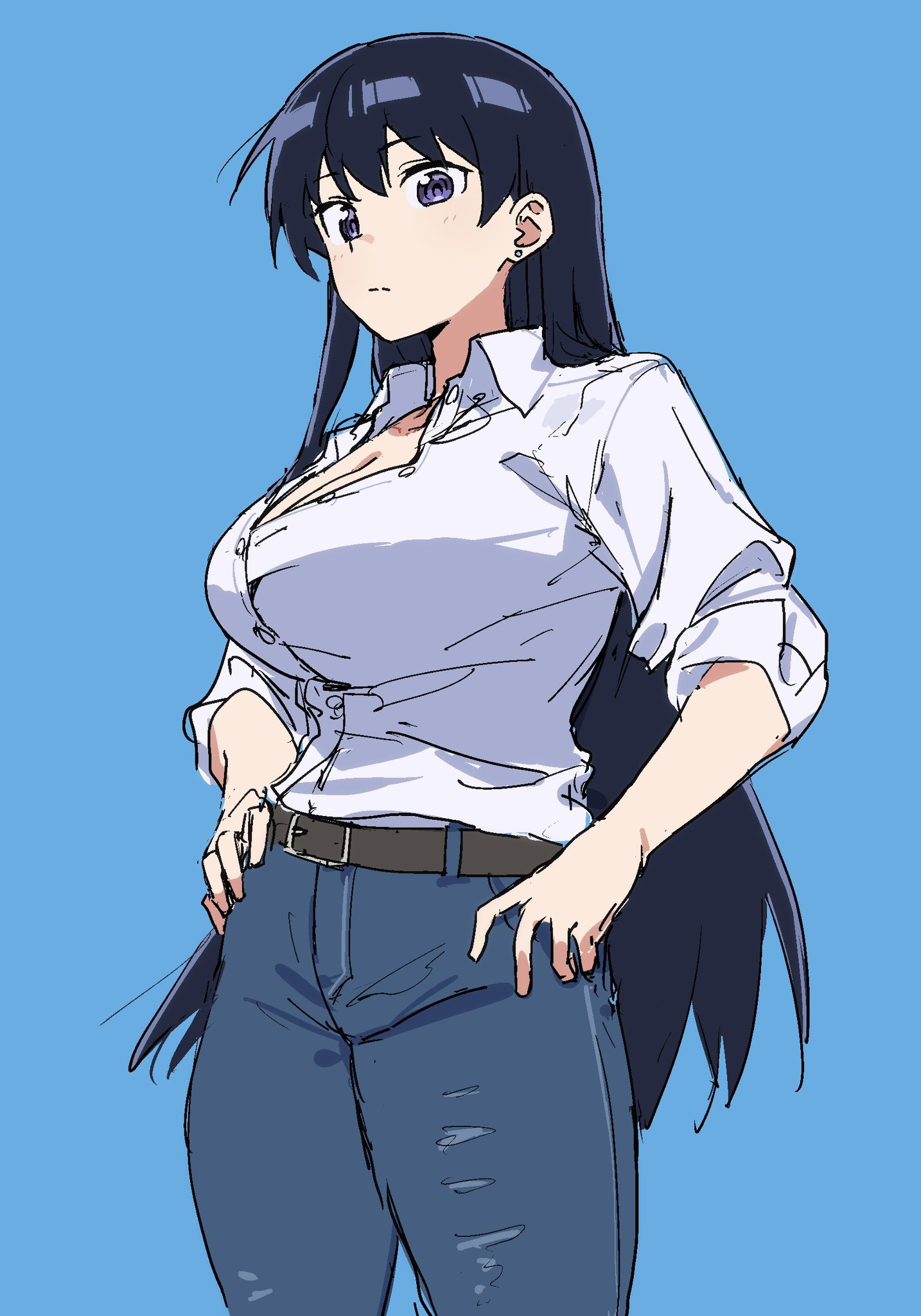 matarasu (aaaaaaaaj), arato nagi, ruri no houseki, highres, 1girl, belt, black belt, black hair, blue background, blue pants, breasts, cleavage, collared shirt, cowboy shot, denim, dress shirt, earrings, hands on own hips, jeans, jewelry, large breasts, light frown, long hair, looking at viewer, pants, purple eyes, shirt, simple background, sketch, sleeves rolled up, solo, stud earrings, very long hair, white shirt