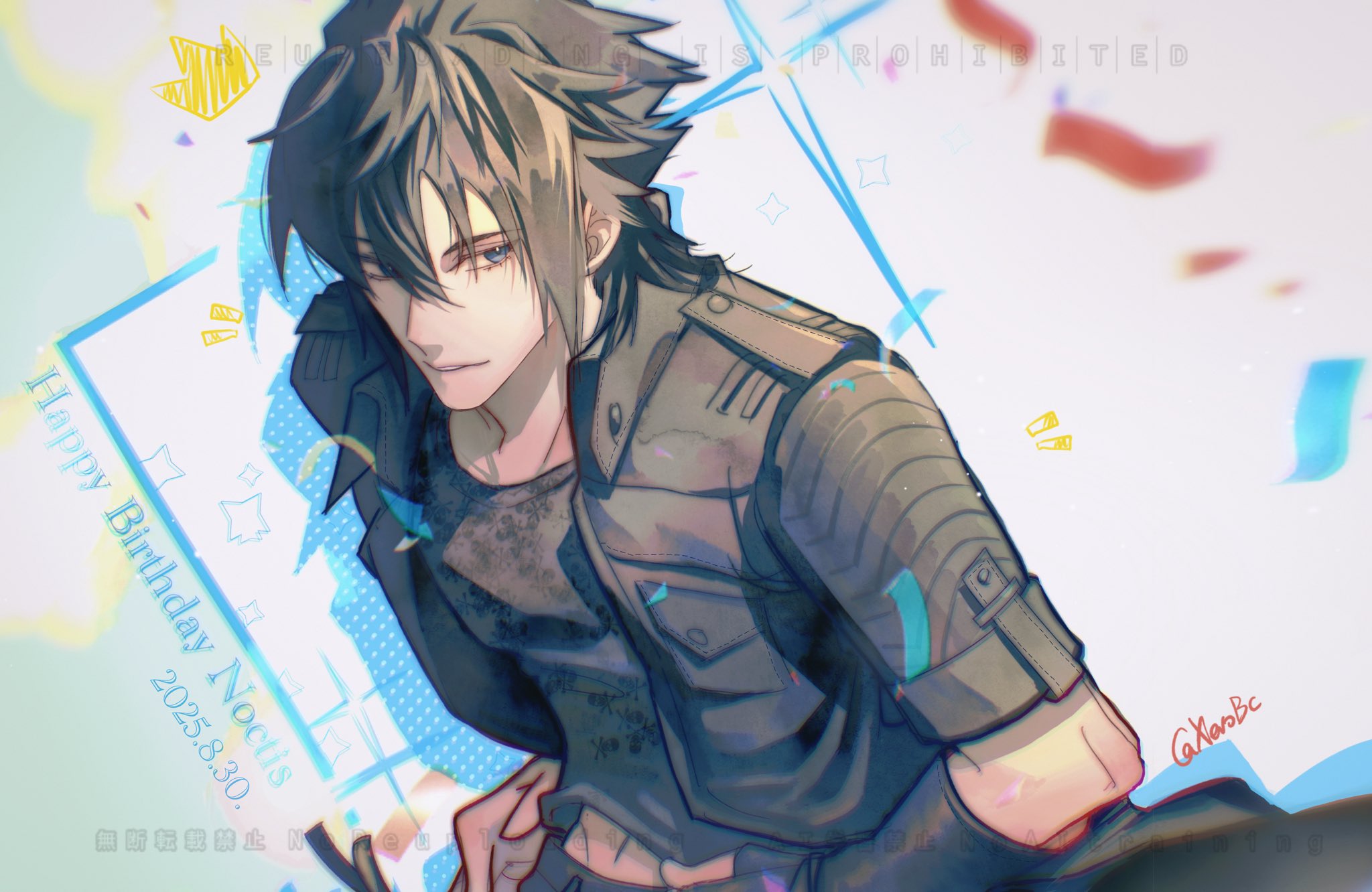 noctis lucis caelum, final fantasy, final fantasy xv, hashtag-only commentary, highres, 1boy, black hair, black shirt, blue eyes, character name, crown (symbol), dated, fingerless gloves, gloves, hair between eyes, hand on own hip, happy birthday, jacket, male focus, midriff peek, shirt, short hair, single glove, solo, twitter username, upper body, xerobc