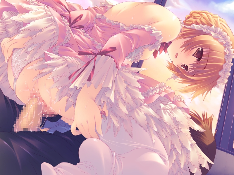 mitsumi misato, yamada michiru, to heart (series), to heart 2, to heart 2 ad, game cg, 00s, 1girl, bare shoulders, brown eyes, brown hair, censored, cowgirl position, cum, cum in pussy, cum on ass, cum on body, dress, frilled dress, frills, girl on top, hair ornament, mosaic censoring, nipples, penis, sex, solo focus, straddling, thighhighs, vaginal, white thighhighs