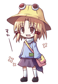 dorua (dollar), moriya suwako, touhou, lowres, 1girl, :d, aged down, animal print, bag, blonde hair, female focus, frog print, hat, kindergarten bag, kindergarten uniform, open mouth, short hair, simple background, skirt, smile, solo, thighhighs, white background, white thighhighs, yellow eyes, zettai ryouiki
