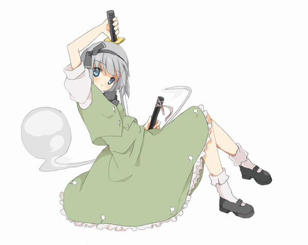 hizu, noise (hakusen), konpaku youmu, konpaku youmu (ghost), touhou, silver hair, 1girl, blue eyes, dress, female focus, frills, hairband, hitodama, katana, sheath, socks, solo, sword, weapon
