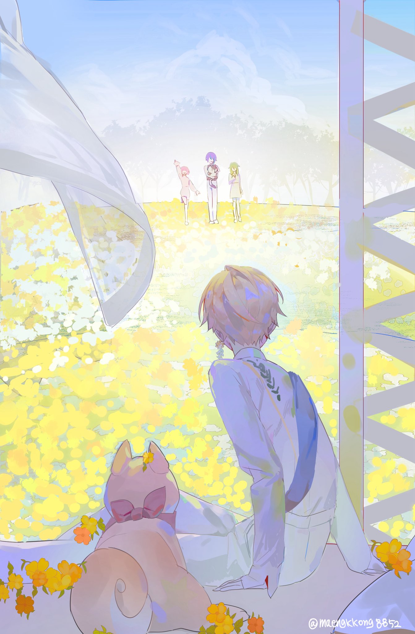 maengkkong8852, kamishiro rui, kusanagi nene, ootori emu, tenma tsukasa, project sekai, highres, 2boys, 2girls, blonde hair, blue hair, bow, dog, facing away, flower, from behind, gloves, green hair, long sleeves, multiple boys, multiple girls, pants, pink hair, purple hair, red bow, shirt, short hair, sitting, white pants, yellow flower