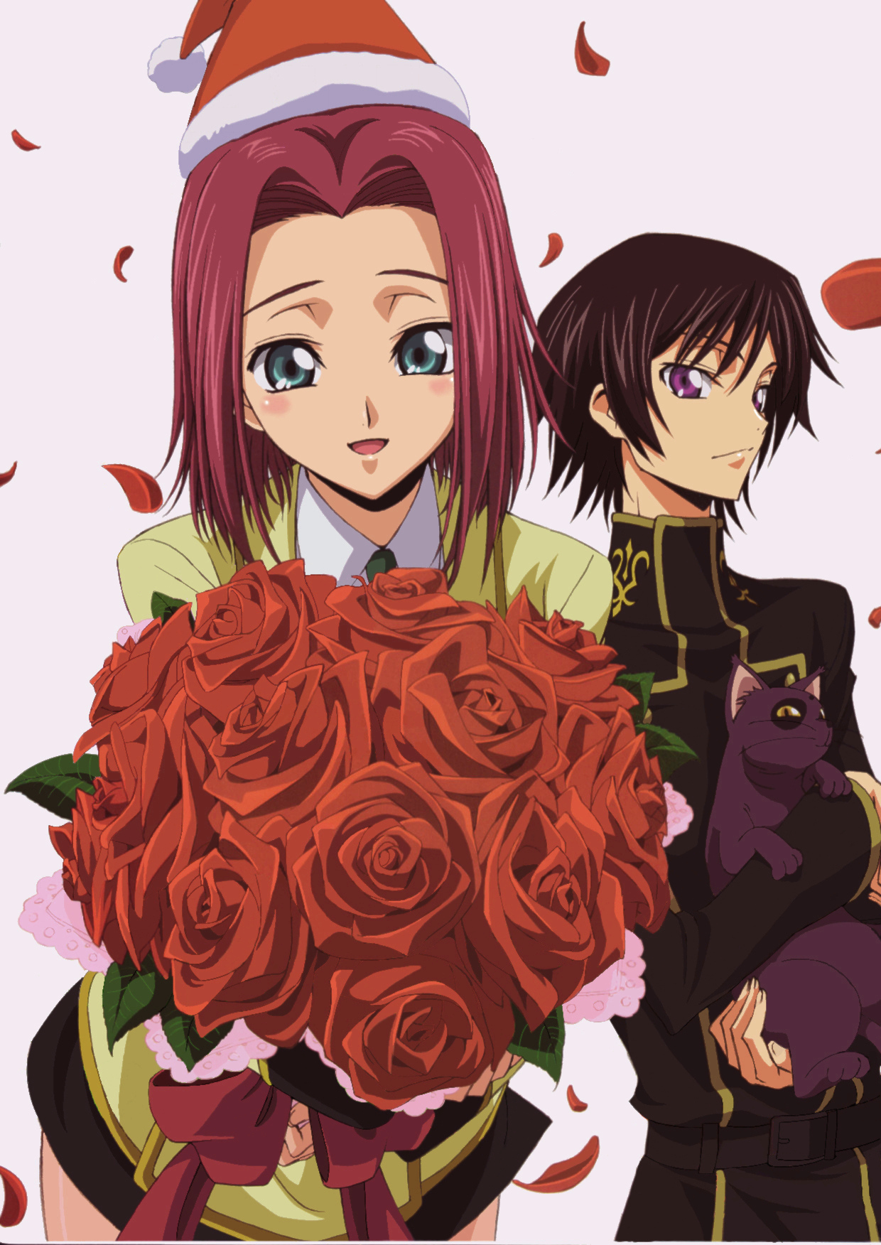 arthur (code geass), kouzuki kallen, lelouch vi britannia, code geass, highres, official art, 00s, blush, bouquet, cat, christmas, flower, hat, petals, rose, santa hat, school uniform, serafuku