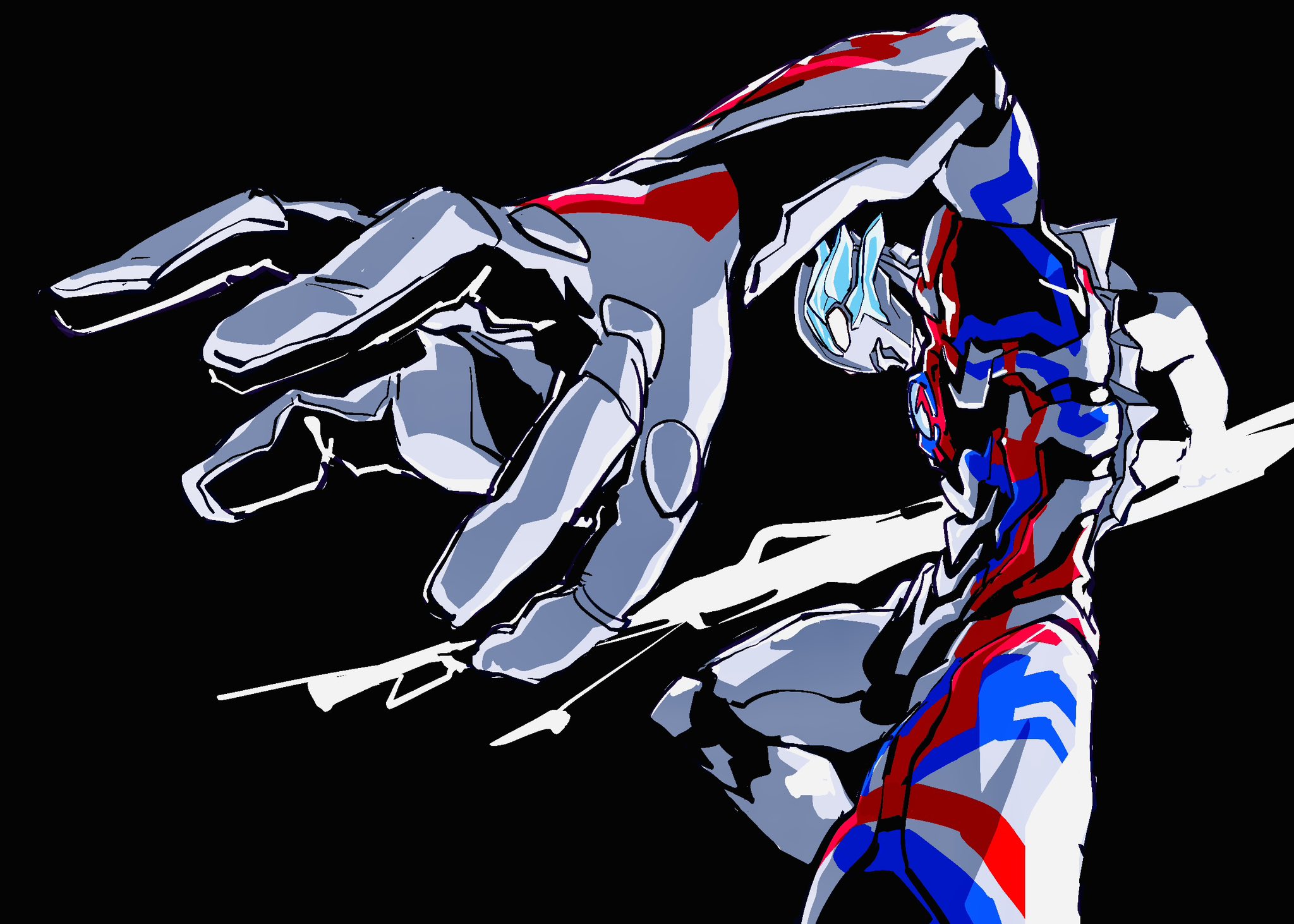 atsynd, ultraman blazar, ultra series, highres, 1boy, alien, black background, blue horns, blue skin, color timer, colored skin, crystal, energy, energy weapon, foreshortening, glowing, glowing eyes, horns, tokusatsu
