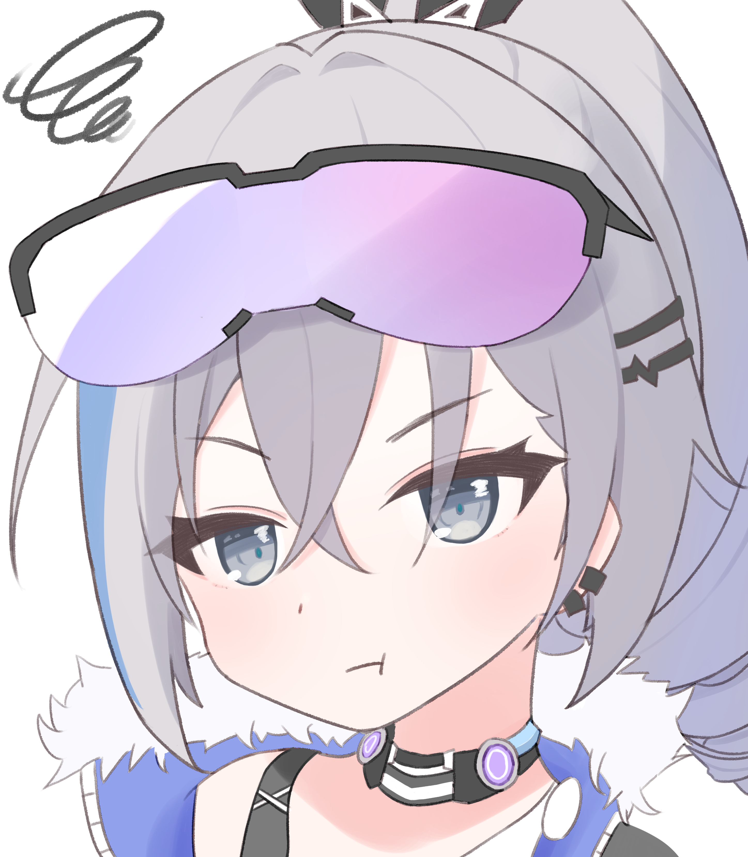 herananu117, silver wolf (honkai: star rail), honkai: star rail, honkai (series), absurdres, commentary request, highres, 1girl, black jacket, blush, choker, close-up, crossed bangs, ear piercing, eyewear on head, fur-trimmed jacket, fur trim, grey eyes, grey hair, hair between eyes, hair ornament, hairclip, jacket, long hair, looking at viewer, parallel hairclips, piercing, ponytail, portrait, pout, sidelocks, simple background, solo, squiggle, white background