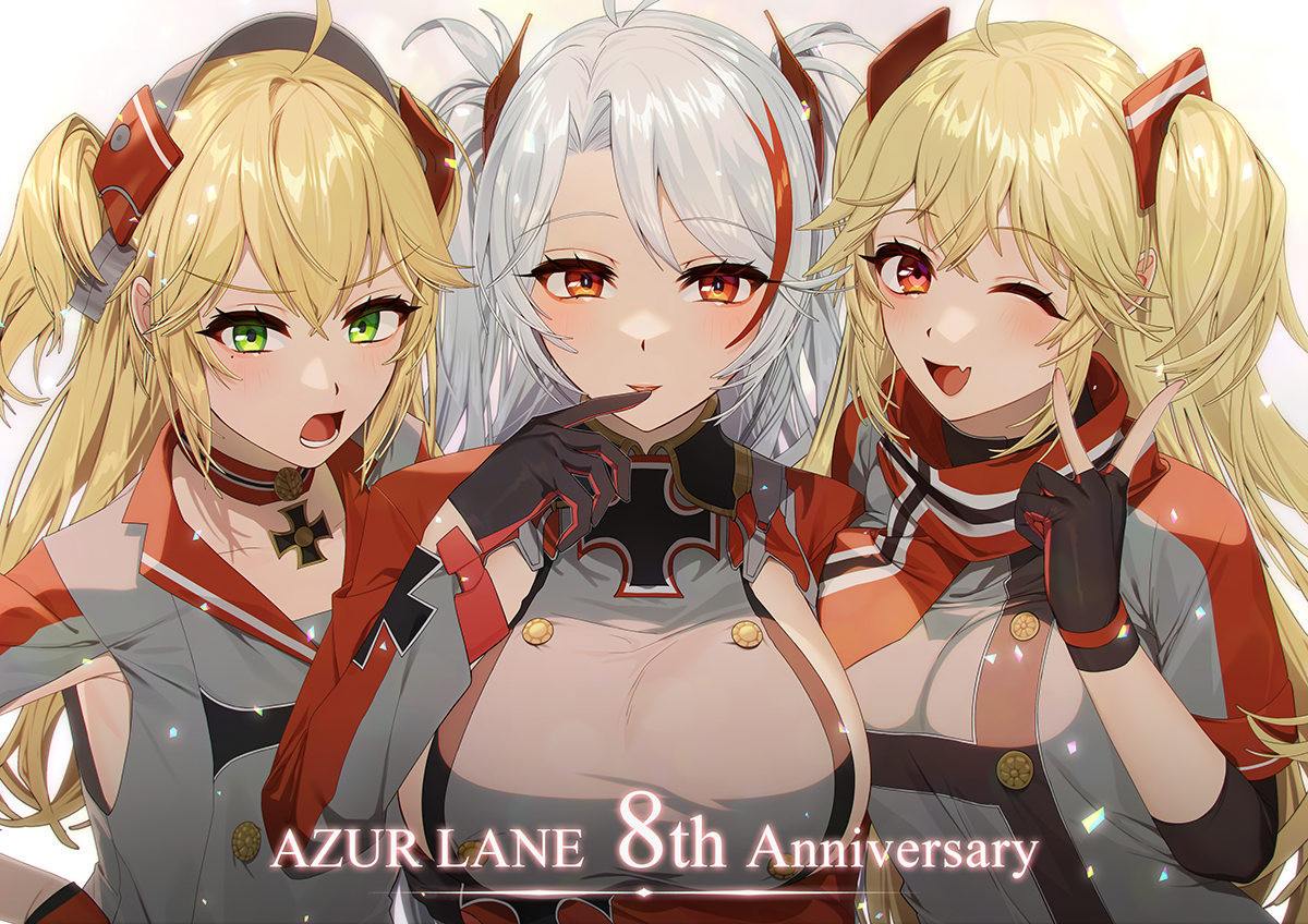 maitei roppa, admiral hipper (azur lane), bluecher (azur lane), prinz eugen (azur lane), azur lane, commentary request, 3girls, :o, ;d, angry, anniversary, black gloves, blonde hair, blush, breasts, buttons, copyright name, cross, double-breasted, dress, fang, finger to mouth, girl sandwich, gloves, green eyes, hand up, headgear, iron cross, large breasts, leaning on person, long hair, looking at viewer, medium breasts, multicolored hair, multiple girls, one eye closed, open mouth, orange eyes, red hair, sandwiched, seductive smile, shoulder-to-shoulder, sideboob cutout, small breasts, smile, streaked hair, two-tone hair, upper body, v, very long hair, white hair