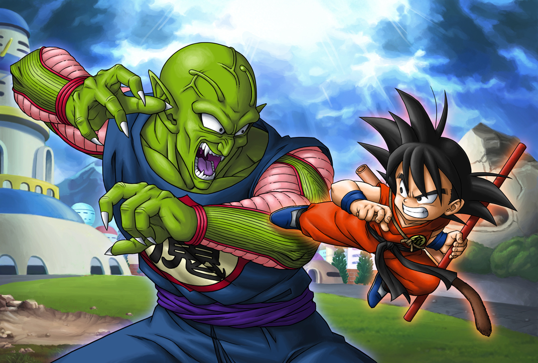 maok (okamokin1014), piccolo, piccolo daimaou, son goku, dragon ball, blue footwear, 2boys, antennae, aura, battle, black eyes, black hair, boots, clenched teeth, clothes writing, fingernails, house, long fingernails, mountain, multiple boys, open mouth, pointy ears, rope, ruyi jingu bang, sharp teeth, tail, teeth, tongue, tree, veins, wristband