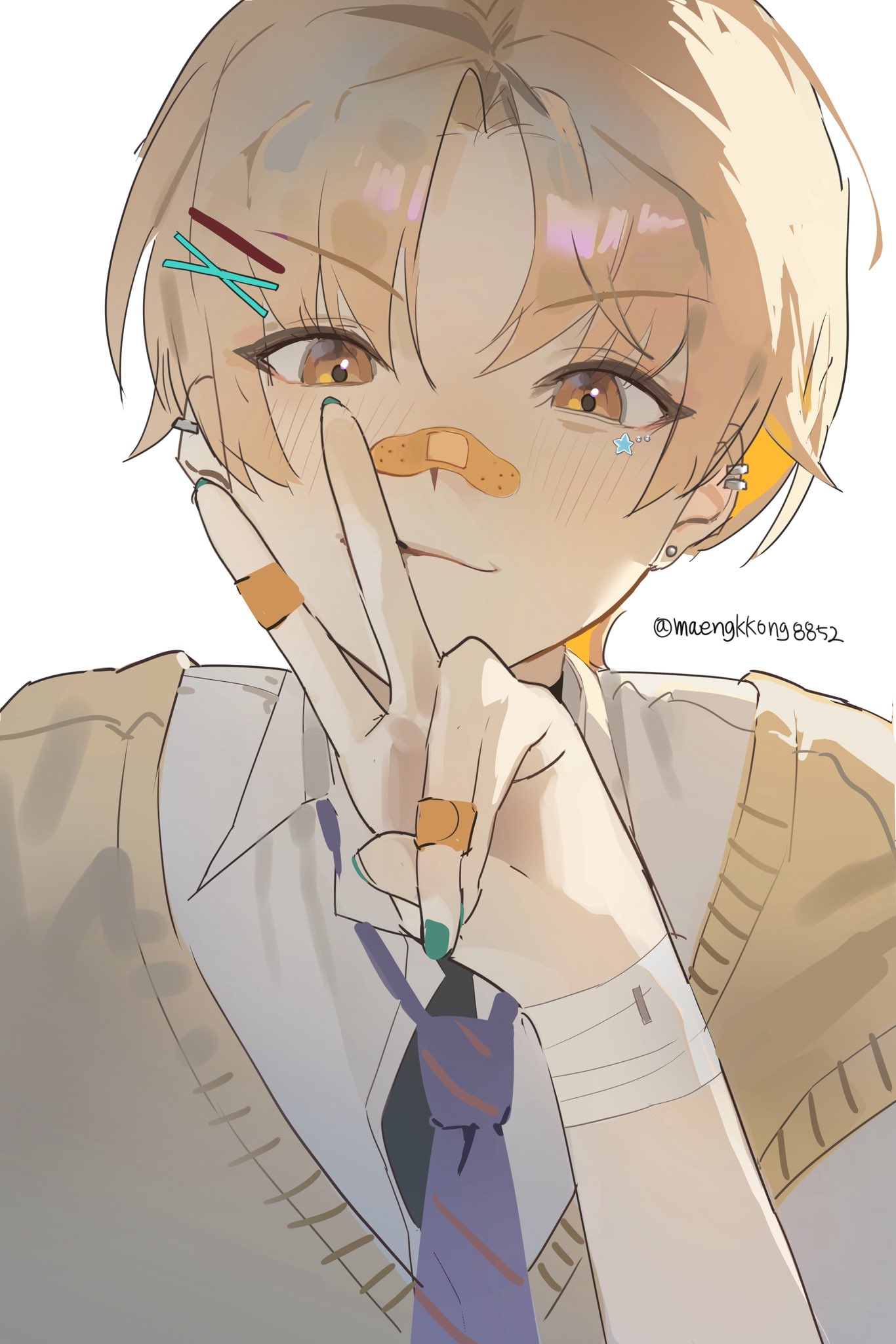 maengkkong8852, tenma tsukasa, project sekai, highres, 1boy, bandages, bandaid, bandaid on face, bandaid on hand, bandaid on nose, blonde hair, blue necktie, blush, closed mouth, collared shirt, ear piercing, earrings, fingernails, hair ornament, hairclip, jewelry, looking at viewer, male focus, nail polish, necktie, orange eyes, orange hair, parted bangs, piercing, school uniform, shirt, short hair, simple background, smile, solo, sweater vest, twitter username, upper body, v, white background, white shirt, x hair ornament
