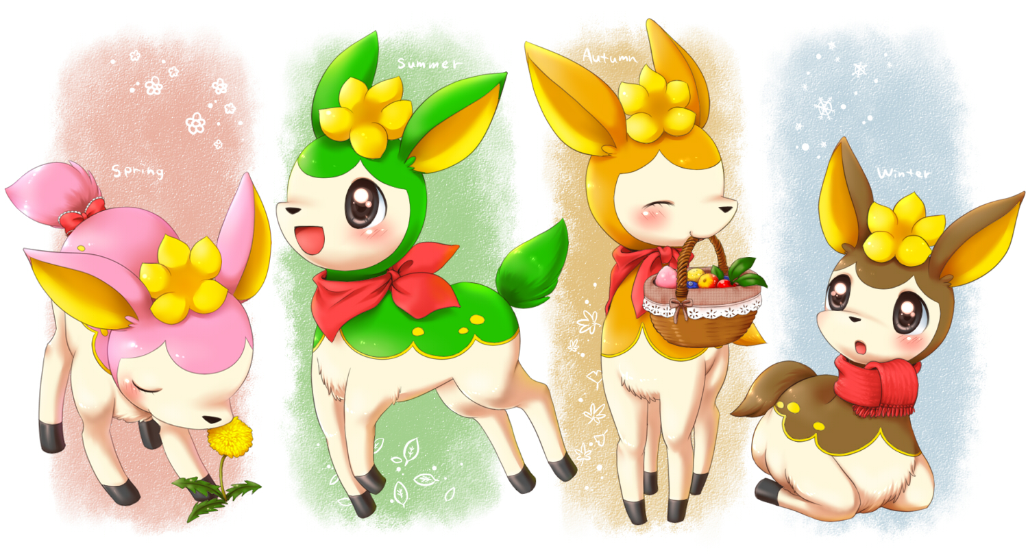 aimi (aimia492), deerling, deerling (autumn), deerling (spring), deerling (summer), deerling (winter), nintendo, pokemon, commentary request, animal focus, bandana, basket, berry (pokemon), black eyes, blush, bow, cheri berry, deer, flower, gen 5 pokemon, leppa berry, no humans, open mouth, oran berry, pecha berry, pokemon (creature), scarf, sitrus berry, smile, tail, tail bow, tail ornament