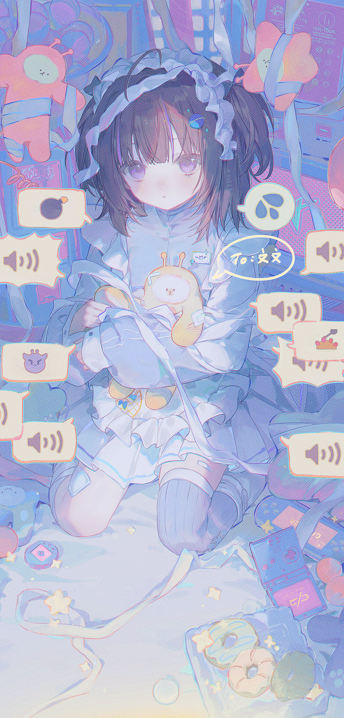umehara sei, original, absurdres, highres, 1girl, apron, black jacket, blue skirt, blue thighhighs, blush, brown hair, closed mouth, emoticon, frills, hair ornament, headdress, holding, holding stuffed toy, jacket, long sleeves, looking at viewer, medium hair, multicolored hair, purple eyes, purple hair, single thighhigh, sitting, skirt, solo, streaked hair, stuffed toy, thighhighs, wariza, white apron