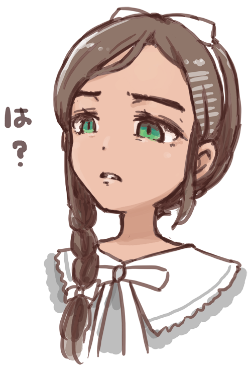 mizuki maya, aonuma neiru, wonder egg priority, commentary, 1girl, bow hairband, braid, brown hair, clenched teeth, contrast collar, disgust, green eyes, grey shirt, hairband, long hair, neck ribbon, ribbon, shirt, side braid, single braid, solo, teeth, white hairband, white ribbon
