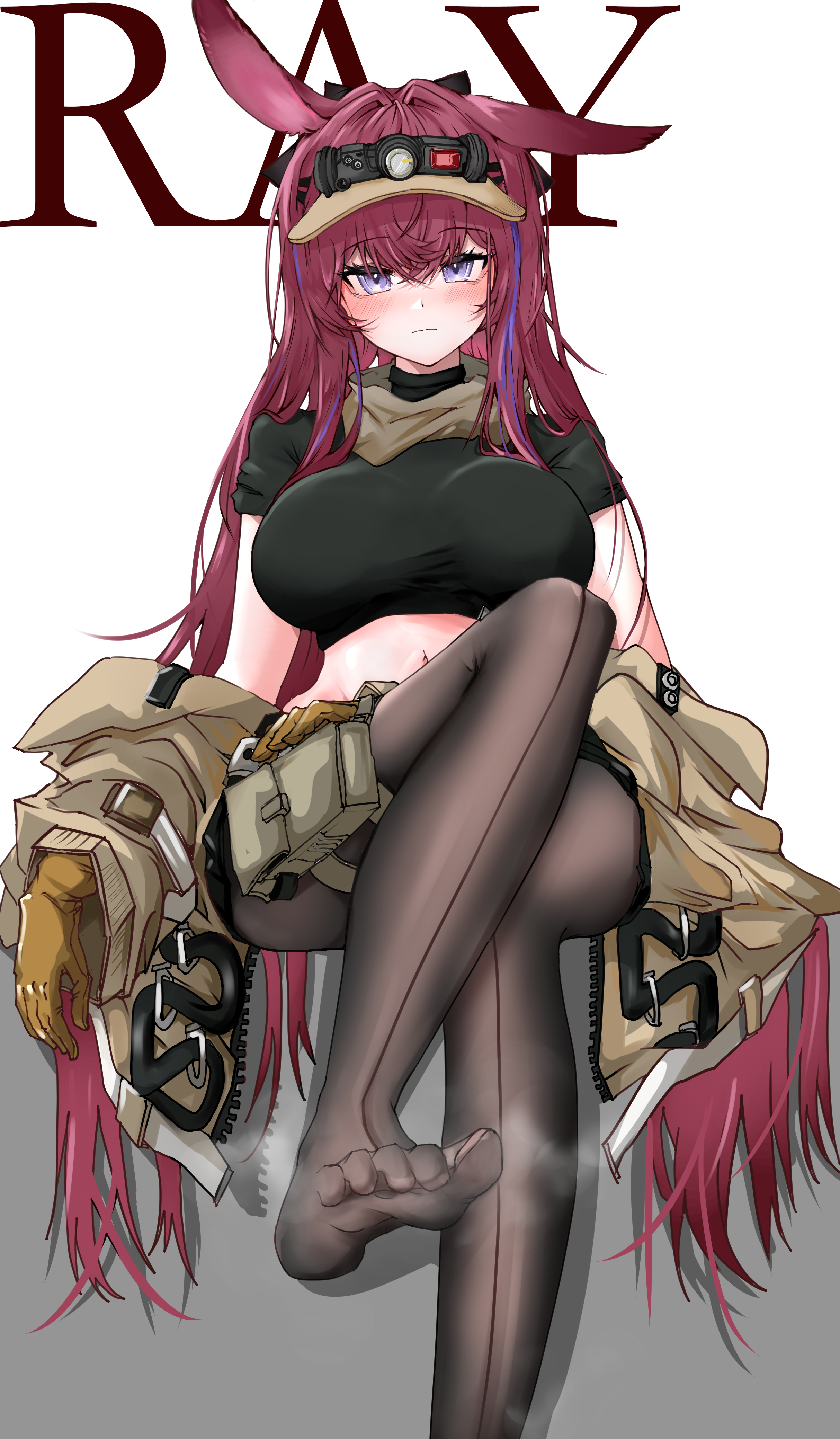ray (arknights), arknights, absurdres, chinese commentary, commentary request, highres, 1girl, animal ears, black shirt, blush, breasts, brown jacket, brown pantyhose, character name, closed mouth, clothes down, crop top, cropped shirt, crossed bangs, feet, foot out of frame, gloves, hair between eyes, jacket, knee up, large breasts, long hair, looking at viewer, multicolored hair, navel, no shoes, pantyhose, pink hair, purple eyes, purple hair, shirt, short sleeves, simple background, single ear down, smell, soles, solo, streaked hair, toes, visor cap, vzaaaaaaa, white background, yellow gloves