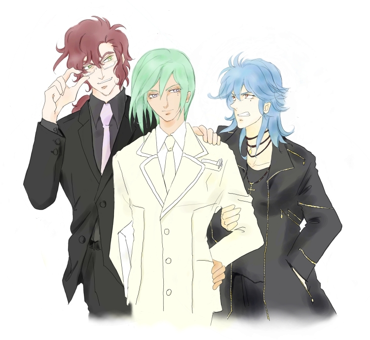 ali al-saachez, johann trinity, michael trinity, gundam, gundam 00, 00s, 3boys, adjusting eyewear, brothers, formal clothes, glasses, male focus, multiple boys, necktie, siblings