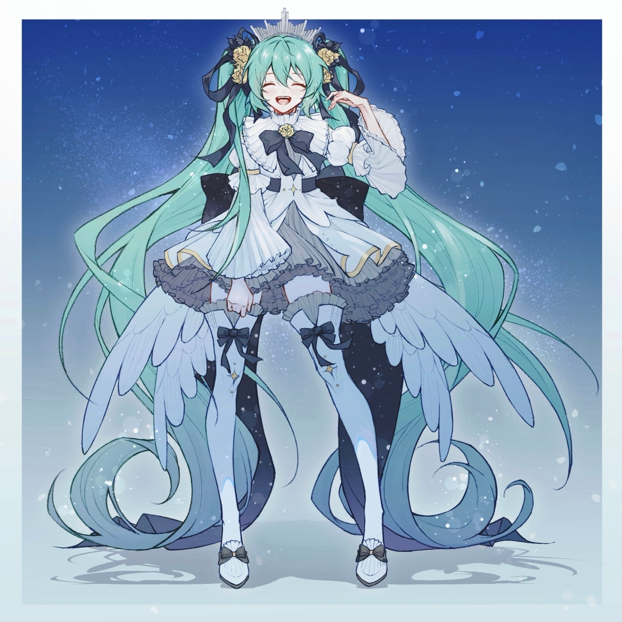 cyfrost, hatsune miku, vocaloid, chinese commentary, commentary request, highres, 1girl, :d, ^ ^, absurdly long hair, aqua hair, black bow, black ribbon, blush, boots, border, bow, closed eyes, dress, facing viewer, flower, frilled dress, frilled sleeves, frills, full body, grey dress, hair flower, hair ornament, hair ribbon, hand up, long hair, open mouth, puffy sleeves, ribbon, smile, solo, standing, straight-on, thigh boots, thighhighs, tiara, twintails, very long hair, white border, white dress, white thighhighs, wide sleeves, zettai ryouiki