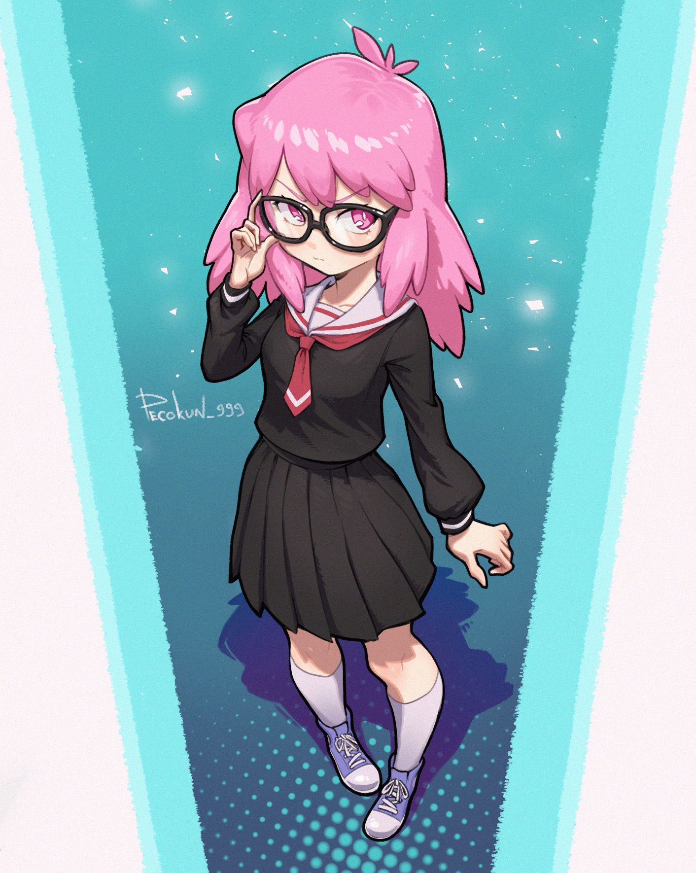 haneyama kazuho, boku no hero academia, vigilante -boku no hero academia: illegals-, highres, 1girl, adjusting eyewear, artist name, black-framed eyewear, black shirt, black skirt, blue background, closed mouth, full body, glasses, long hair, long sleeves, looking at viewer, neckerchief, pecokun 999, pink eyes, pink hair, pleated skirt, red neckerchief, sailor collar, school uniform, shadow, shirt, simple background, skirt, socks, solo, white sailor collar, white socks