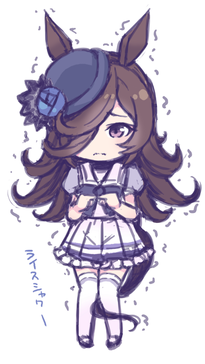 mizuki maya, rice shower (umamusume), umamusume, commentary, 1girl, animal ears, blue flower, blue rose, brown hair, flipped hair, flower, frilled skirt, frills, frown, hat, hat flower, horse ears, horse girl, horse tail, index fingers together, long hair, miniskirt, over-kneehighs, pleated skirt, puffy short sleeves, puffy sleeves, purple eyes, purple shirt, rose, school uniform, serafuku, shirt, short sleeves, simple background, skirt, solo, standing, summer uniform, tail, thighhighs, tilted headwear, tracen school uniform, trembling, wavy hair, white background, white skirt, white thighhighs