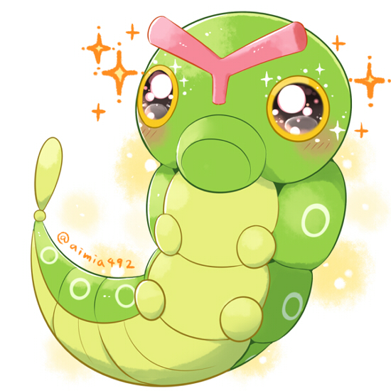 aimi (aimia492), caterpie, nintendo, pokemon, commentary request, animal focus, blush, bug, full body, gen 1 pokemon, no humans, pokemon (creature), solo, twitter username, yellow eyes