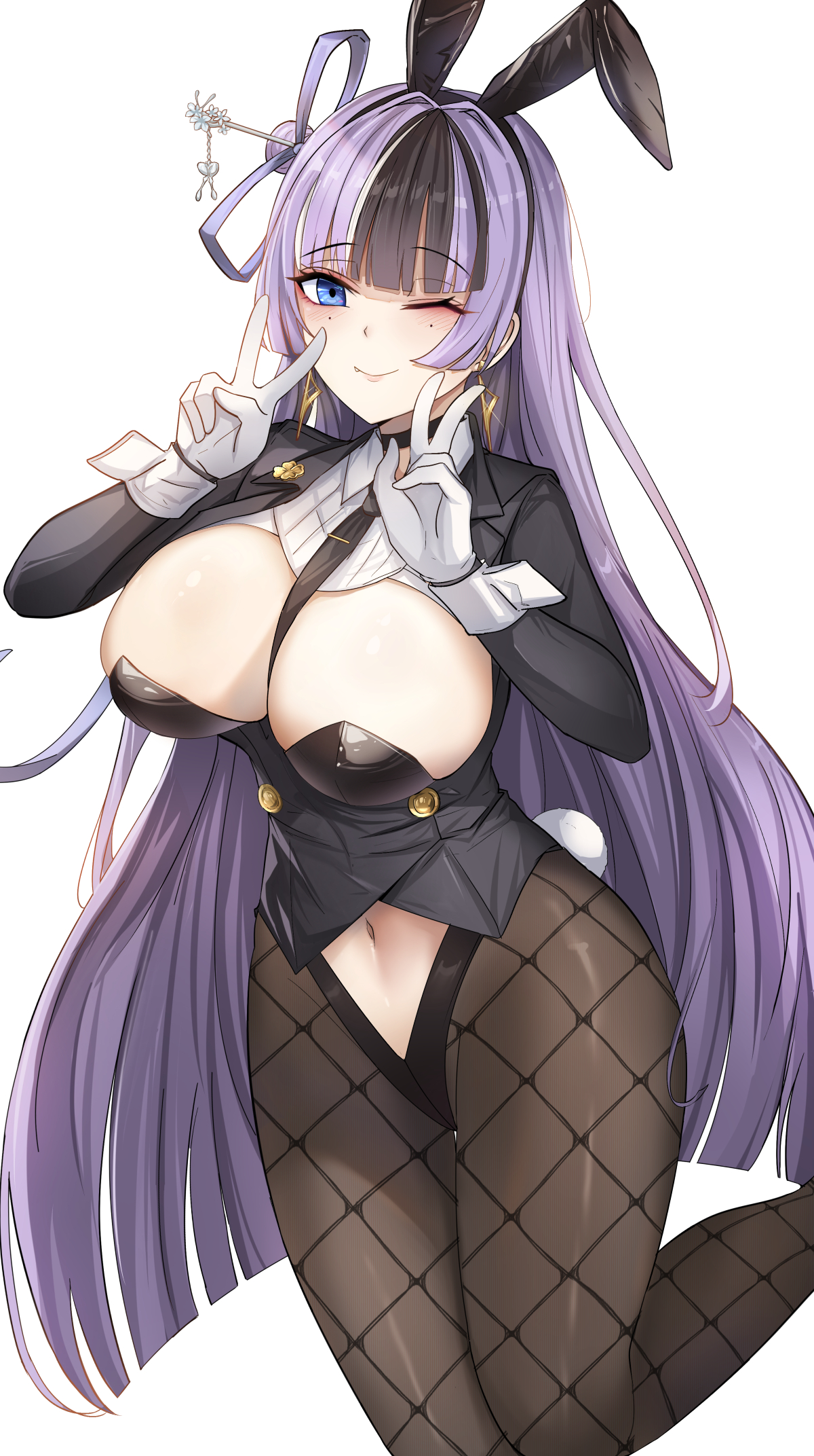 yougenko, jien (nikke), goddess of victory: nikke, commentary, highres, 1girl, ;), animal ears, black hair, black leotard, blue eyes, breasts, cleavage, clothing cutout, double v, fake animal ears, fake tail, fishnet pantyhose, fishnets, gloves, large breasts, leotard, long hair, multicolored hair, navel, navel cutout, one eye closed, pantyhose, playboy bunny, purple hair, rabbit ears, rabbit tail, shrug (clothing), simple background, smile, solo, tail, two-tone hair, v, very long hair, white background, white gloves