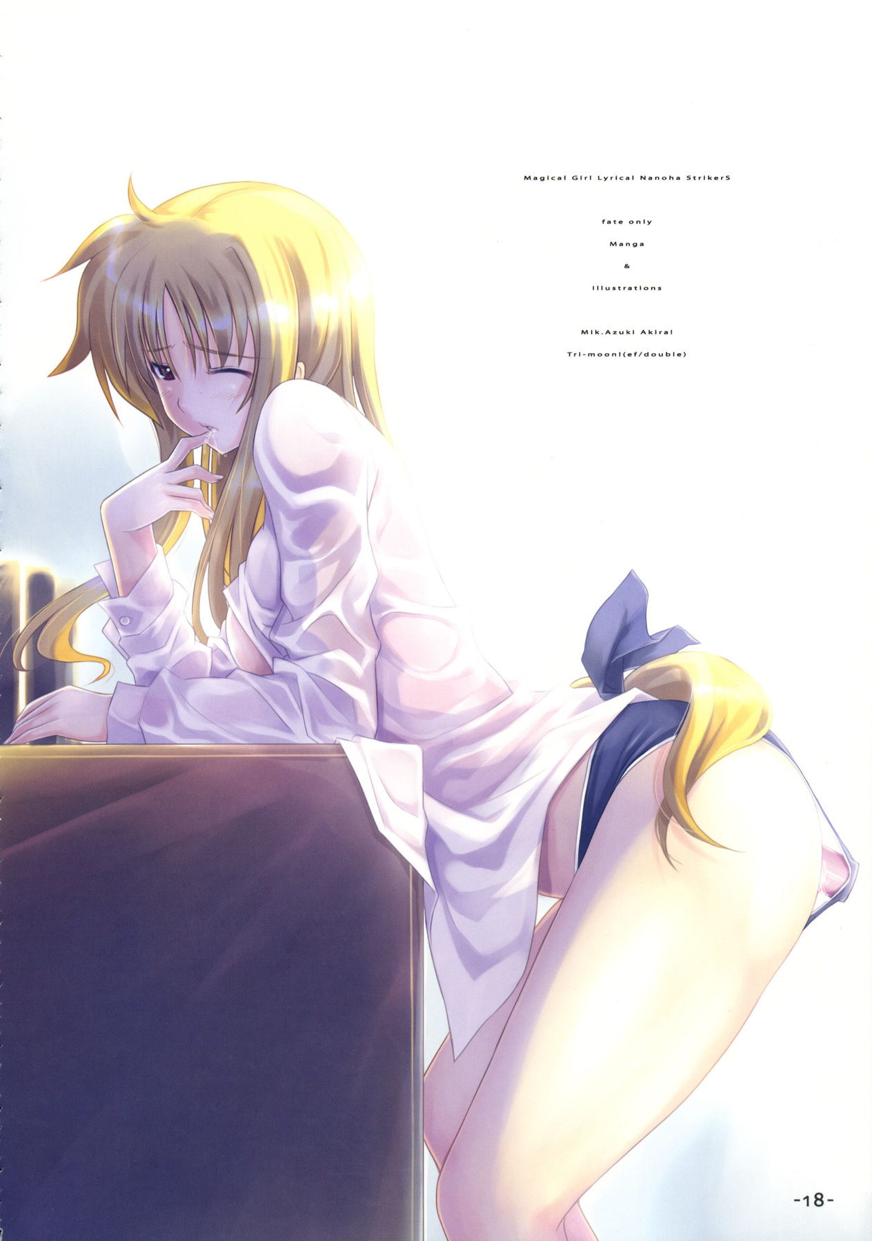 mikazuki akira!, fate testarossa, lyrical nanoha, mahou shoujo lyrical nanoha, mahou shoujo lyrical nanoha strikers, highres, 00s, 1girl, blonde hair, blush, dress shirt, female focus, long hair, low-tied long hair, one eye closed, panties, red eyes, sex toy, shirt, solo, underwear, very long hair, vibrator, vibrator under clothes, vibrator under panties, wink