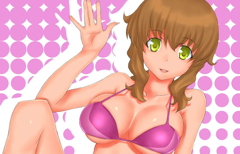 rokuichi, christina sierra, gundam, gundam 00, bad id, bad pixiv id, 00s, 1girl, :d, bare arms, bare shoulders, bikini, bikini top only, blush, breasts, brown hair, cleavage, collarbone, female focus, green eyes, knees up, looking at viewer, open mouth, pink background, pink bikini, short hair, sidelocks, simple background, smile, solo, swimsuit, waving