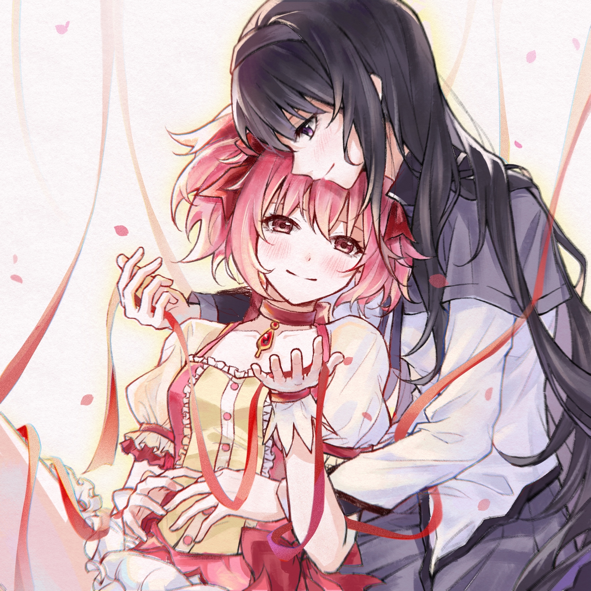 cyfrost, akemi homura, akemi homura (magical girl), kaname madoka, kaname madoka (magical girl), mahou shoujo madoka magica, mahou shoujo madoka magica (anime), chinese commentary, commentary request, highres, 2girls, black hair, black hairband, blush, choker, dress, frilled dress, frills, hairband, hand up, holding, holding ribbon, hug, leaning on person, long hair, multiple girls, petals, pink eyes, pink hair, profile, purple eyes, red choker, red eyes, red ribbon, ribbon, short twintails, sitting, smile, twintails, untied ribbon, upper body