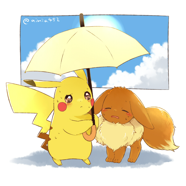 aimi (aimia492), eevee, pikachu, nintendo, pokemon, commentary request, animal focus, blush, closed eyes, gen 1 pokemon, holding, holding umbrella, no humans, open mouth, pokemon (creature), sweat, twitter username, umbrella