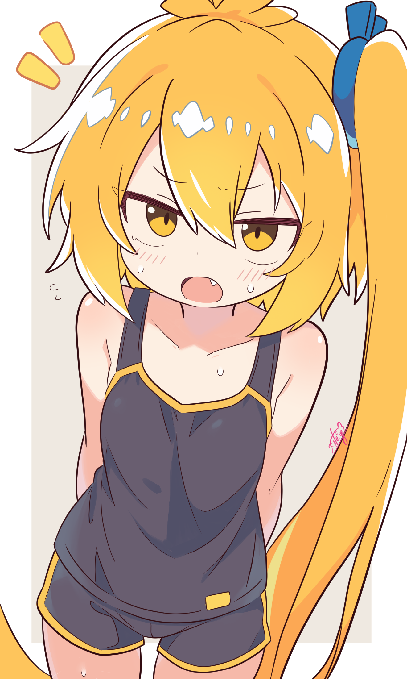 noire neige, akita neru, highres, 1girl, ahoge, blush, collarbone, fang, hair between eyes, long hair, looking at viewer, multicolored hair, open mouth, orange eyes, orange hair, shorts, side ponytail, simple background, solo, sportswear, streaked hair, sweat, tank top, thigh gap, very long hair