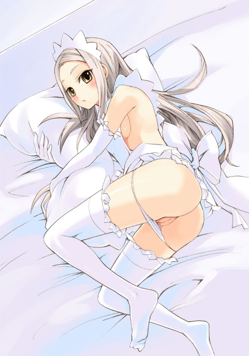 otabe sakura, soma peries, gundam, gundam 00, silver hair, 00s, 1girl, apron, ass, bed, blush, breasts, elbow gloves, feet, female focus, gloves, long hair, lying, panties, panty pull, pussy, sideboob, solo, thighhighs, uncensored, underwear, yellow eyes
