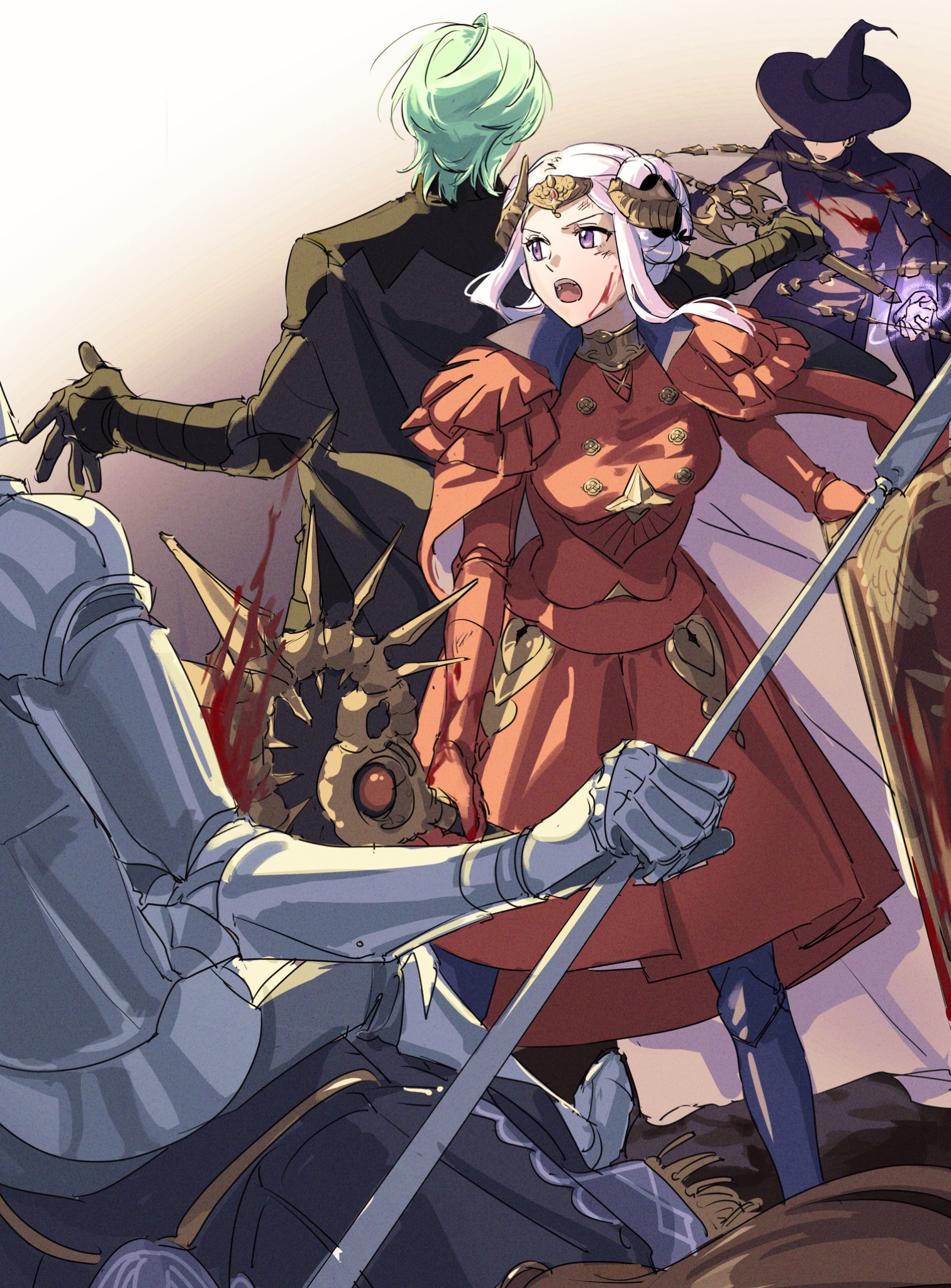 nanao parakeet, edelgard von hresvelg, edelgard von hresvelg (timeskip), male byleth (enlightened) (fire emblem), male byleth (fire emblem), fire emblem, fire emblem: three houses, nintendo, commentary request, highres, 2boys, 2girls, armor, axe, back-to-back, black cape, black hat, blood, blood on face, bloody weapon, cape, fake horns, gloves, green hair, hat, holding, holding axe, holding polearm, holding sword, holding weapon, horns, jewelry, multiple boys, multiple girls, polearm, purple eyes, red cape, red gloves, sidelocks, spear, sword, sword of the creator, teeth, two-tone cape, upper teeth only, weapon, white cape, white hair, witch hat, yellow horns