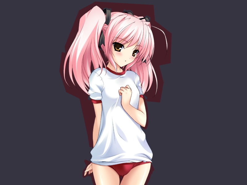 onigirikun, shihoudou narika, choukou (alicesoft), choukou sennin haruka, game cg, 00s, 1girl, blush, buruma, female focus, pink hair, simple background, solo, twintails