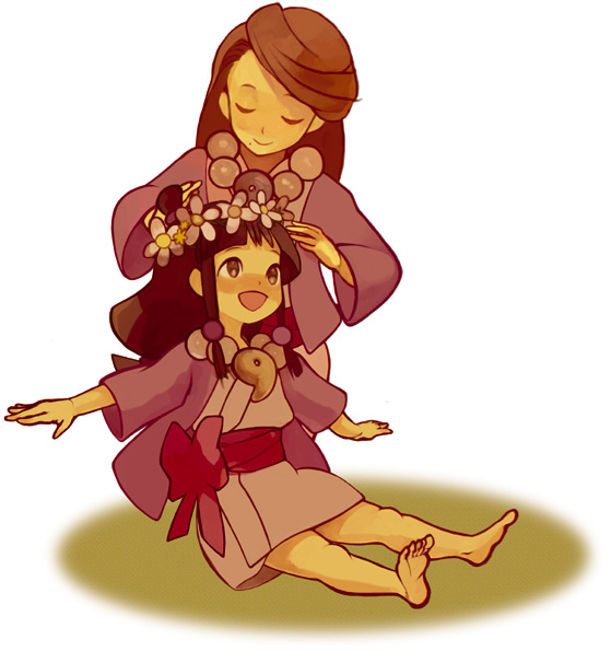 racco (sakuraco), maya fey, mia fey, ace attorney, capcom, 2girls, :d, barefoot, flower, hair flower, hair ornament, half updo, magatama, multiple girls, open mouth, siblings, sisters, smile, soles, wreath