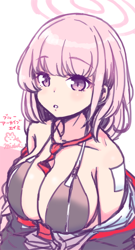 mizuki maya, eimi (blue archive), blue archive, commentary request, 1girl, armpit crease, bare shoulders, between breasts, black bra, bra, breasts, collarbone, halo, jacket, jacket partially removed, large breasts, necktie, necktie between breasts, parted lips, pink eyes, pink hair, pink halo, red necktie, solo, underwear, upper body