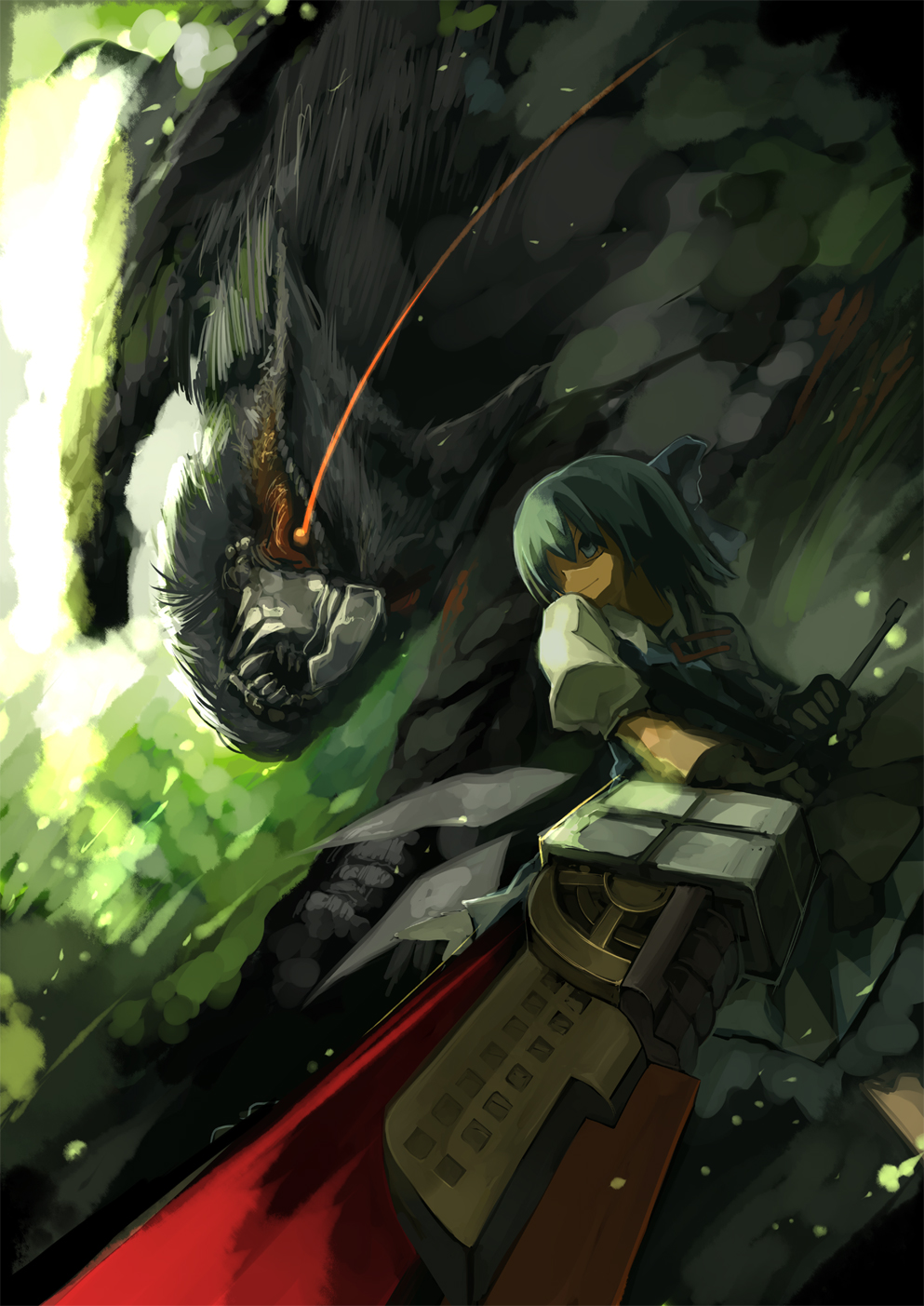 shimadoriru, cirno, nargacuga, advent cirno, capcom, monster hunter (series), touhou, highres, 1girl, crossover, dragon, female focus, solo, sword, weapon, wyvern