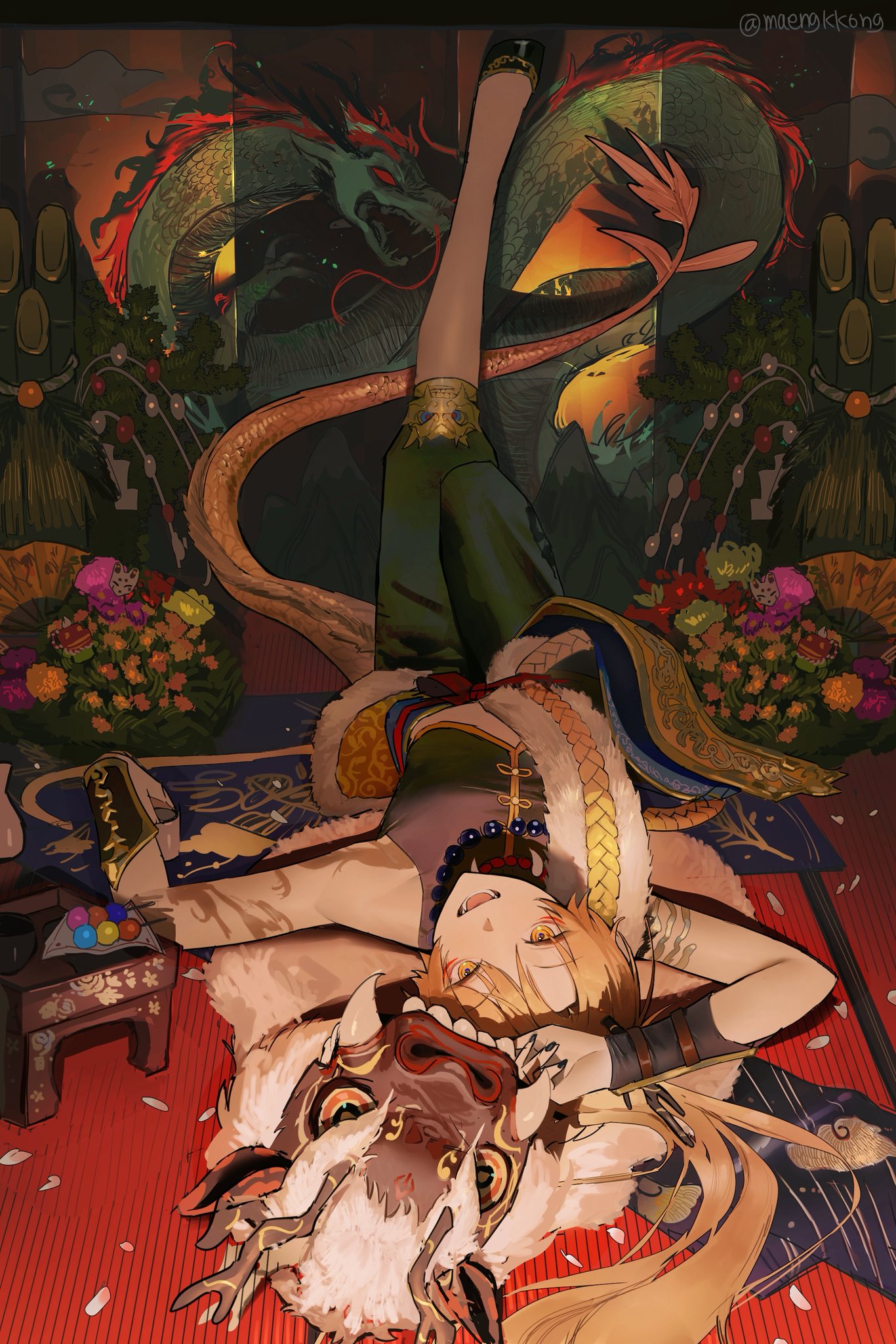 maengkkong8852, tenma tsukasa, project sekai, highres, korean commentary, 1boy, bead necklace, beads, black nails, blonde hair, braid, chinese clothes, chinese zodiac, dragon, dragon tail, eastern dragon, fangs, holding, horns, jewelry, kadomatsu, long hair, looking at viewer, lying, male focus, necklace, new year, on back, open mouth, orange eyes, pants, scales, single braid, sleeveless, slit pupils, smile, solo, tail, twitter username, upside-down, yellow eyes