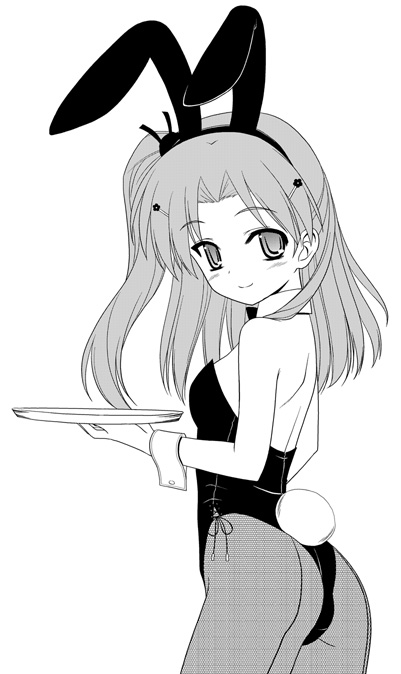 masakichi (crossroad), maaryan (to heart), to heart (series), to heart 2, 00s, animal ears, ass, fake animal ears, greyscale, leotard, monochrome, pantyhose, playboy bunny, rabbit ears, solo, tray