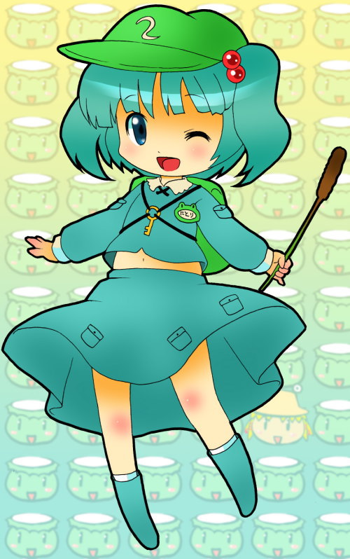 michii yuuki, kawashiro nitori, moriya suwako, touhou, 1girl, blue eyes, blue hair, chibi, female focus, hair bobbles, hair ornament, hat, kappa, key, matching hair/eyes, midriff, navel, smile, solo, twintails, two side up