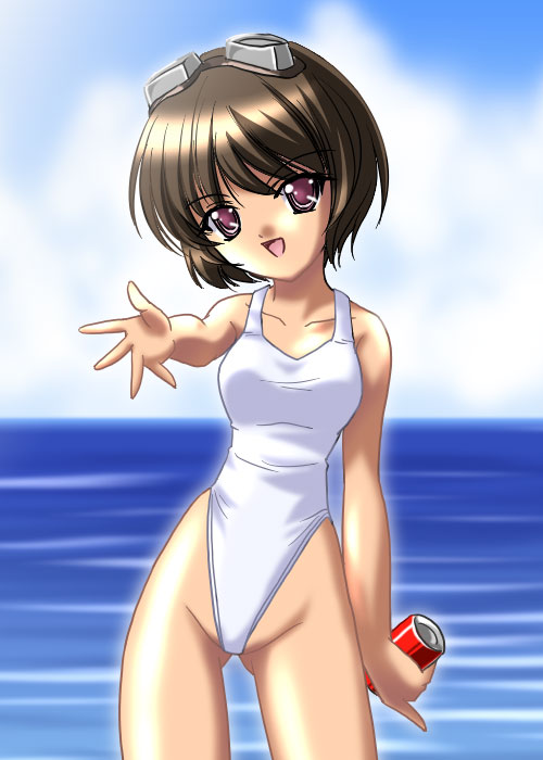 masakichi (crossroad), rinrin (sister princess), sister princess, 00s, bad anatomy, can, drink can, goggles, highleg, highleg one-piece swimsuit, one-piece swimsuit, soda can, solo, swimsuit, water, white one-piece swimsuit