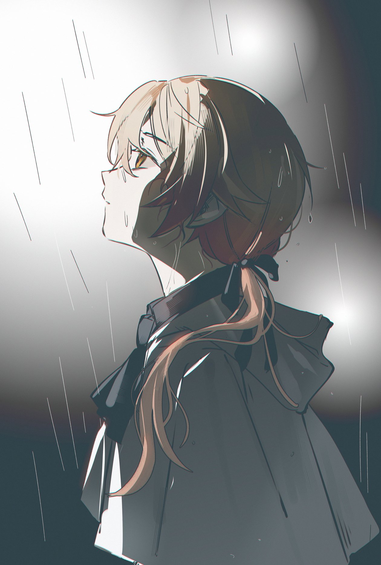 kaminari s, tenma tsukasa, project sekai, highres, 1boy, blonde hair, capelet, from side, hood, hood down, long hair, looking up, low ponytail, male focus, multicolored hair, ponytail, profile, rain, ribbon, shirt, solo, upper body, wet, yellow eyes
