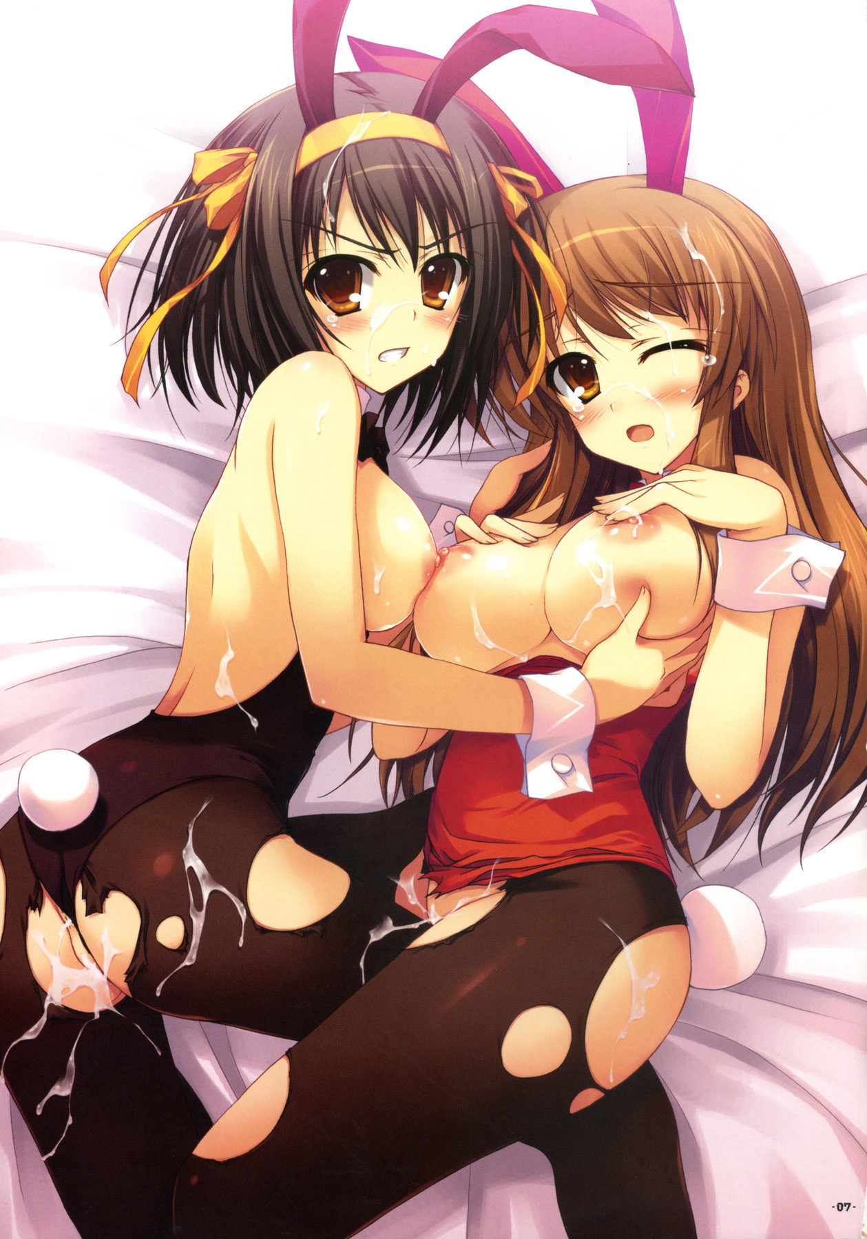 tomose shunsaku, asahina mikuru, suzumiya haruhi, suzumiya haruhi no yuuutsu, black legwear, torn legwear, highres, 00s, 2girls, animal ears, back, bed, breasts, censored, clenched teeth, cum, cum on body, cum on breasts, cum on upper body, detached collar, facial, fake animal ears, female focus, groping, large breasts, leg between thighs, leotard, looking at viewer, lying, mosaic censoring, multiple girls, nipples, no panties, one eye closed, open mouth, page number, pantyhose, playboy bunny, rabbit ears, rabbit tail, tail, tears, teeth, torn clothes, wrist cuffs
