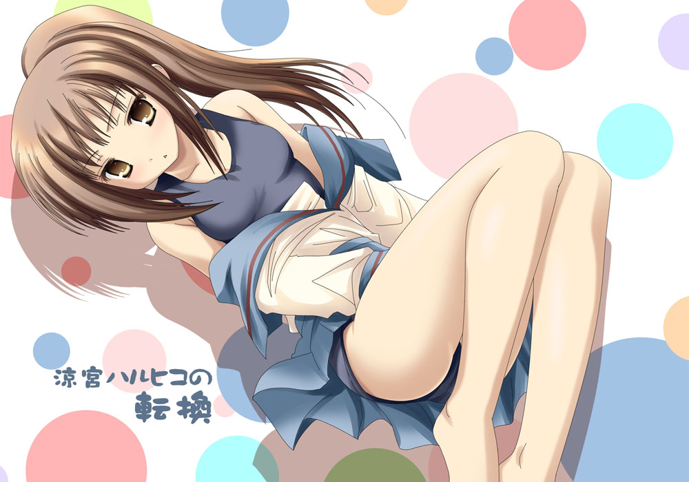 namamo nanase, kyon, kyonko, suzumiya haruhi no yuuutsu, gender request, 00s, 1girl, barefoot, brown eyes, brown hair, clothes pull, female focus, genderswap, one-piece swimsuit, ponytail, school swimsuit, school uniform, serafuku, shirt pull, solo, swimsuit, swimsuit under clothes