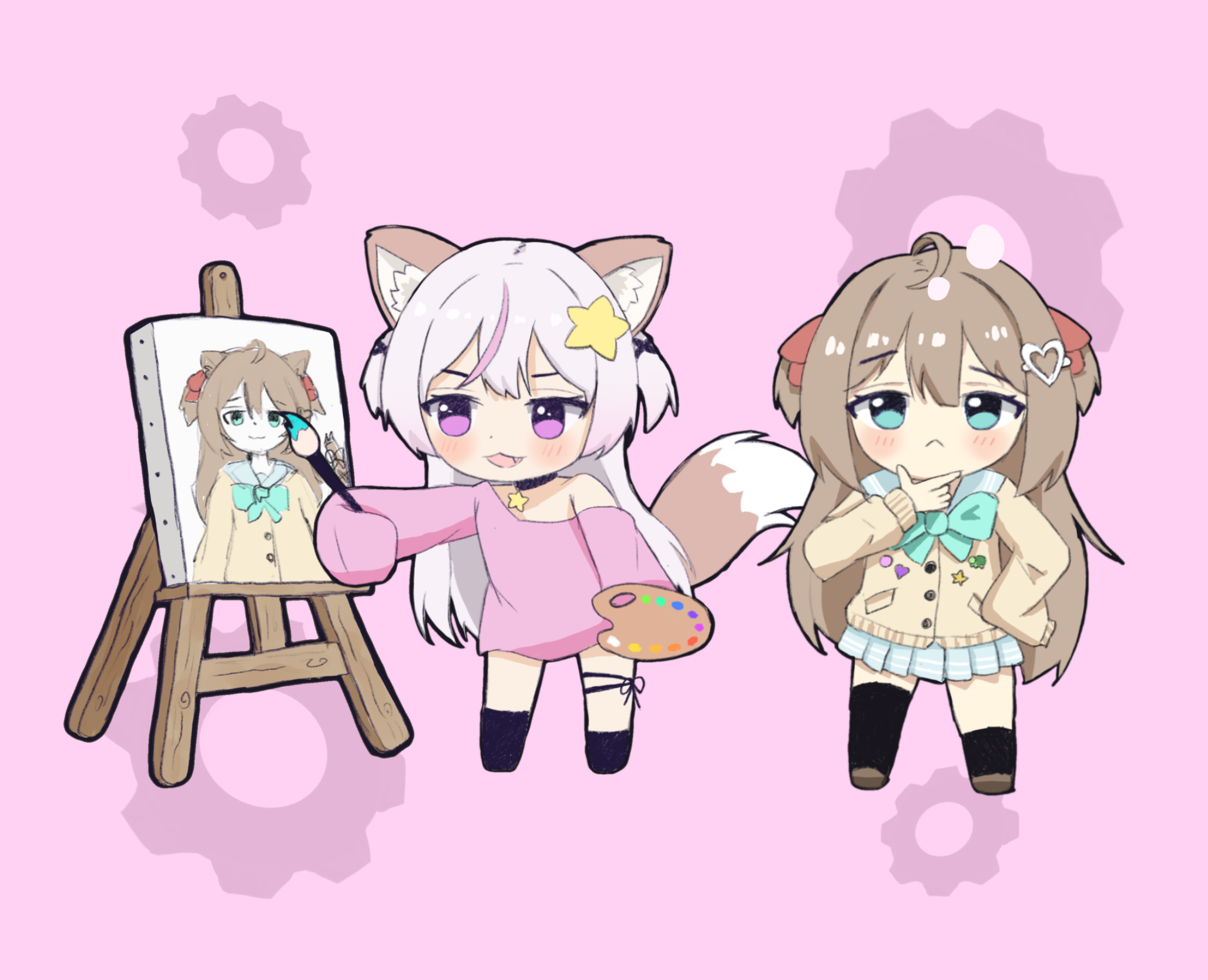 wimowo, annytf, neuro-sama, indie virtual youtuber, commentary, english commentary, highres, 2girls, :<, animal ear fluff, animal ears, aqua bow, aqua eyes, black choker, black socks, blue skirt, blush, bow, brown hair, brown jacket, brown shoes, canvas (object), chibi, choker, closed mouth, dot nose, easel, eyelashes, fang, fox ears, fox girl, fox tail, full body, gears, hair ornament, hair ribbon, hand on own chin, heart, heart hair ornament, holding, holding paint palette, holding paintbrush, jacket, long hair, long sleeves, multicolored hair, multiple girls, open mouth, paint palette, paintbrush, painting (action), painting (object), pink background, pink eyes, pink hair, pink shirt, red ribbon, ribbon, shirt, shoes, short twintails, single bare shoulder, single sleeve past fingers, skirt, sleeves past fingers, sleeves past wrists, smile, socks, standing, star (symbol), star choker, star hair ornament, streaked hair, tail, twintails, vedal ai, very long hair, white hair
