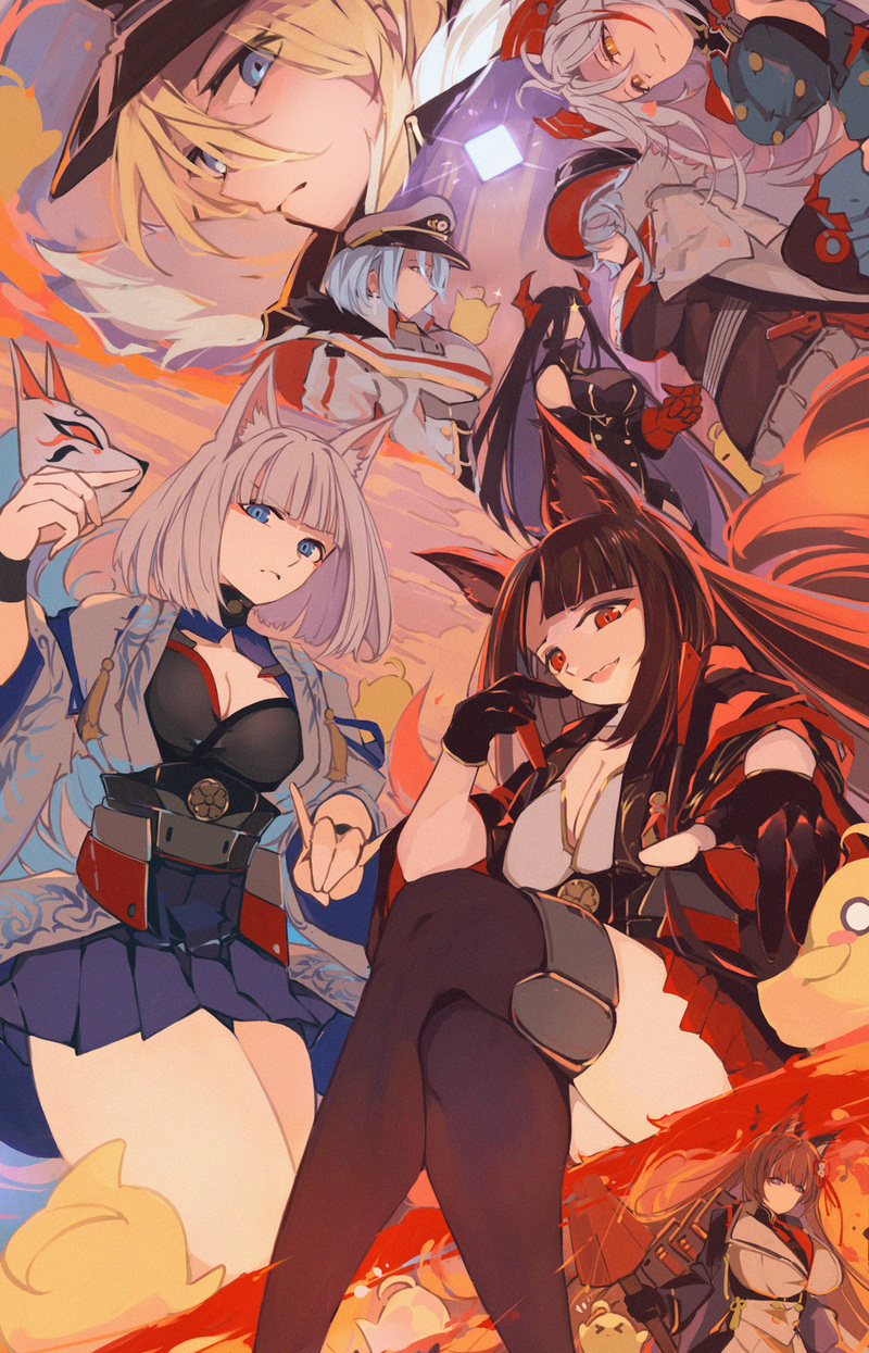 shika (shika0), akagi (azur lane), amagi (azur lane), amagi (cv) (azur lane), bismarck (azur lane), friedrich der grosse (azur lane), graf zeppelin (azur lane), kaga (azur lane), prinz eugen (azur lane), tirpitz (azur lane), azur lane, highres, 6+girls, :d, animal ears, bare legs, black dress, black gloves, black hair, black kimono, blonde hair, blue eyes, blue hair, blue skirt, breasts, brown hair, cleavage, cleavage cutout, clothing cutout, coat, crossed legs, dress, expressionless, eyeshadow, fox ears, fox girl, fox mask, fox shadow puppet, fox tail, from below, frown, gloves, hair ornament, hairclip, hand up, hands up, hip focus, holding, holding mask, horns, japanese clothes, kimono, kitsune, large breasts, long hair, looking at viewer, looking back, looking down, makeup, mask, medium breasts, medium hair, miniskirt, multicolored hair, multiple girls, multiple tails, open mouth, orange eyes, pleated skirt, purple eyes, reaching, reaching towards viewer, red eyes, red eyeshadow, red hair, red skirt, sakura empire (emblem), sitting, skirt, slit pupils, smile, streaked hair, tail, thighhighs, thighs, two-tone hair, very long hair, white coat, white hair, white kimono, wristband