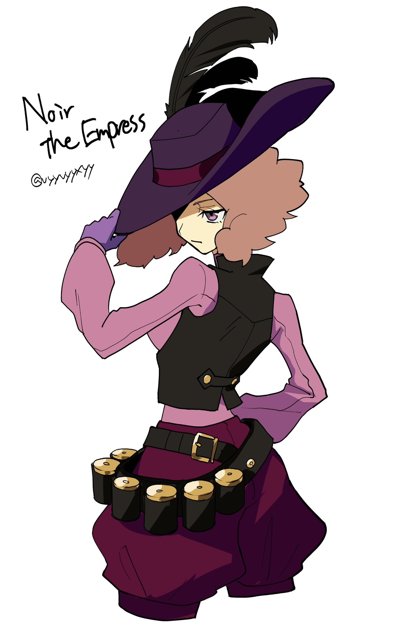 noir (persona 5), okumura haru, persona, persona 5, commentary request, highres, 1girl, belt, belt buckle, black vest, brown hair, buckle, closed mouth, cowboy shot, dolo, from behind, gloves, hat, hat feather, hat tip, long sleeves, looking to the side, medium hair, pink shirt, puffy shorts, purple eyes, purple gloves, purple hat, shirt, shorts, simple background, underbust, vest, vyyvyyxyy, white background